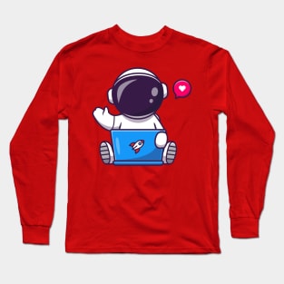 Cute Astronaut Working On Laptop Cartoon Long Sleeve T-Shirt